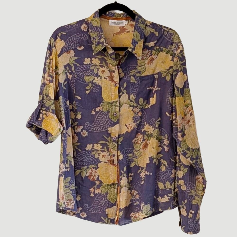 Harley and Me Floral Cotton Button Down Shirt XL Lightweight Boho Relaxed Top
